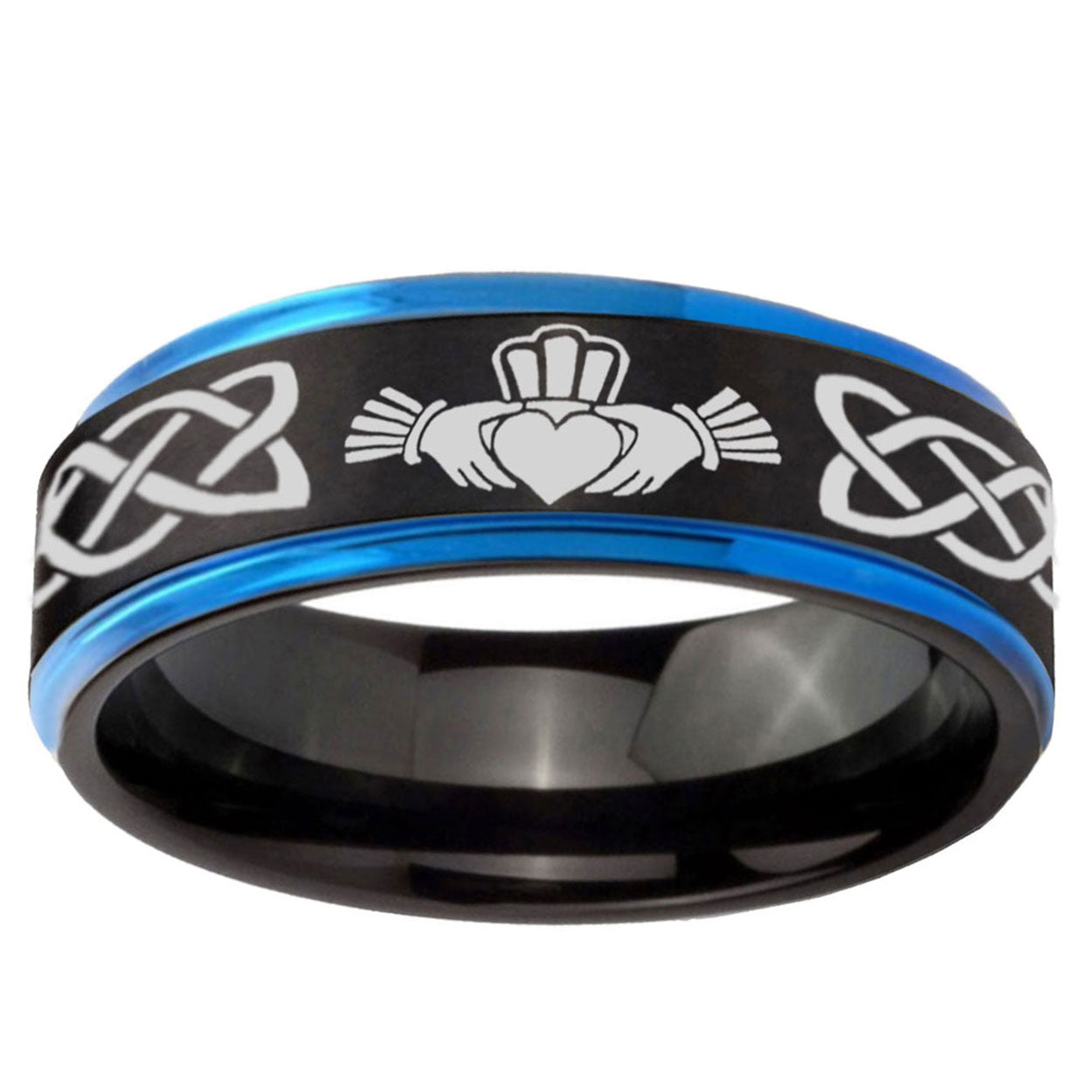 5mm Irish Claddagh Blue Step Edge Black Tungsten Ring