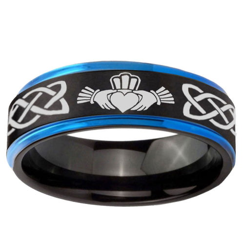 10mm Irish Claddagh Blue Step Edge Brushed Tungsten Ring