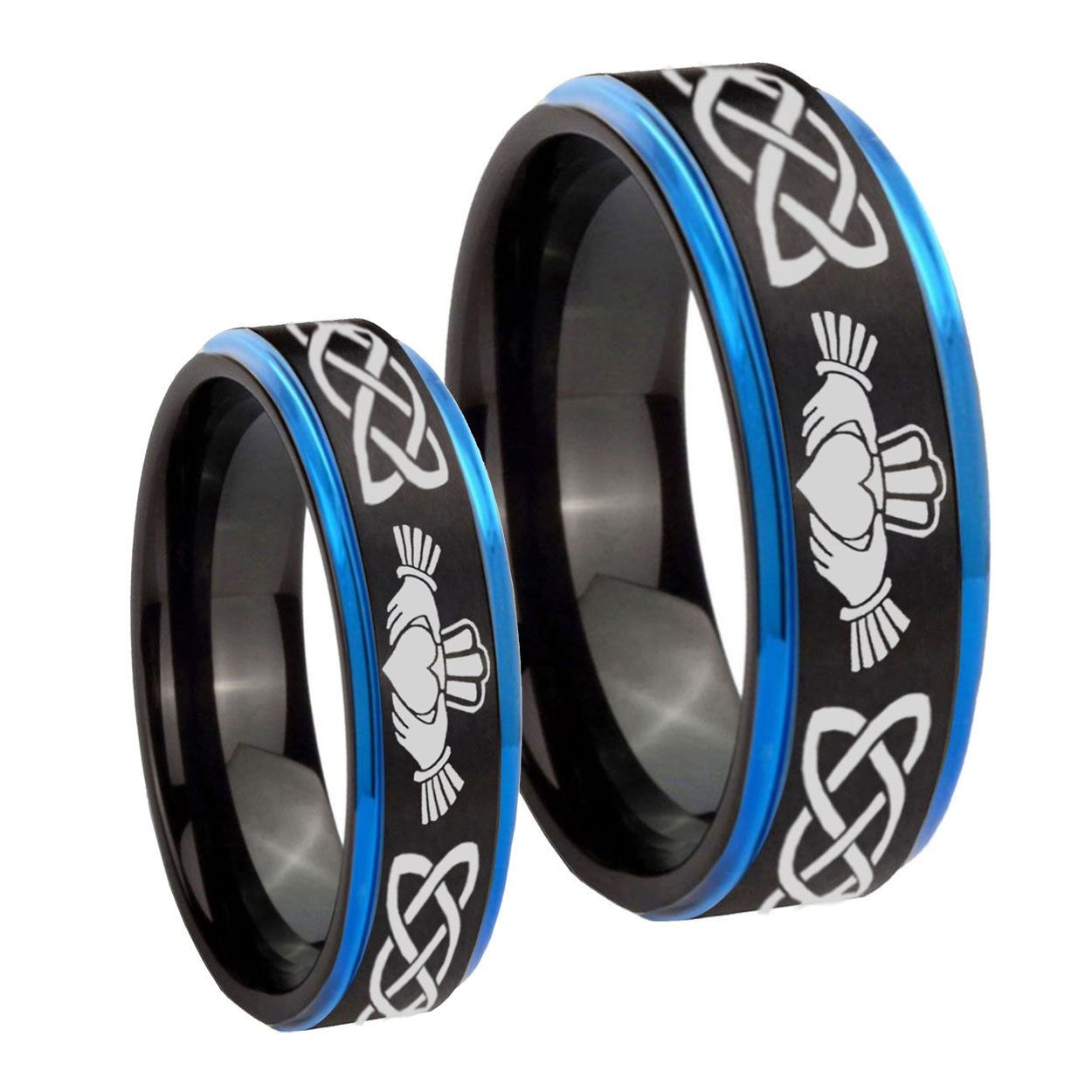 Irish Claddagh Blue Step Edges Tungsten Bridal Ring Sets