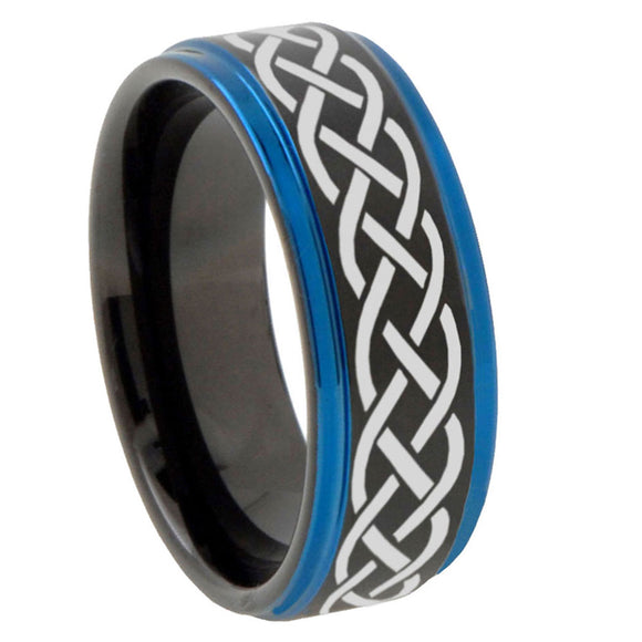10mm-Celtic-Knot-Blue-Step-Edges-Brushed-Tungsten-Carbide-Mens-Promise-Ring