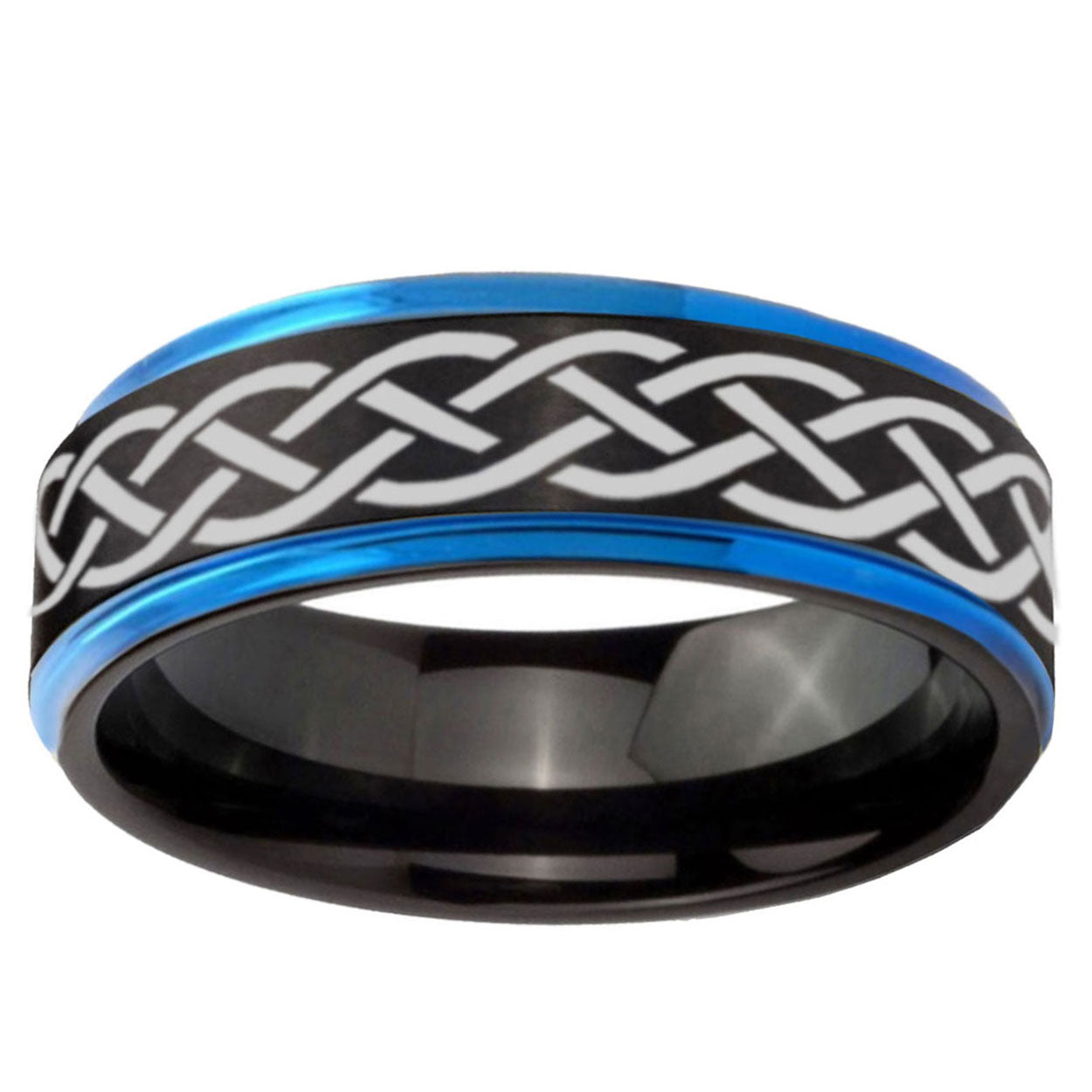 5mm Celtic Knot Blue Step Edge Black Tungsten Mens Ring