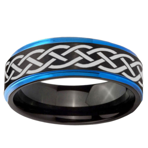 10mm Celtic Knot Blue Step Edge Brushed Tungsten Ring