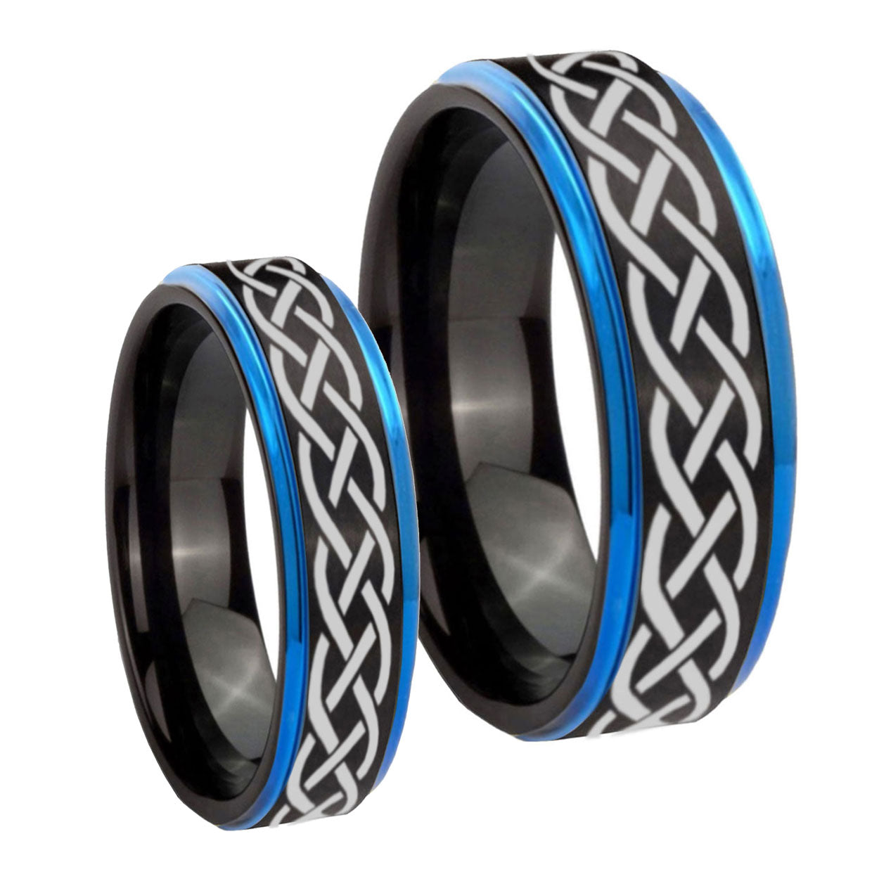 Celtic Knot Blue Step Edges Tungsten Couple Band Set