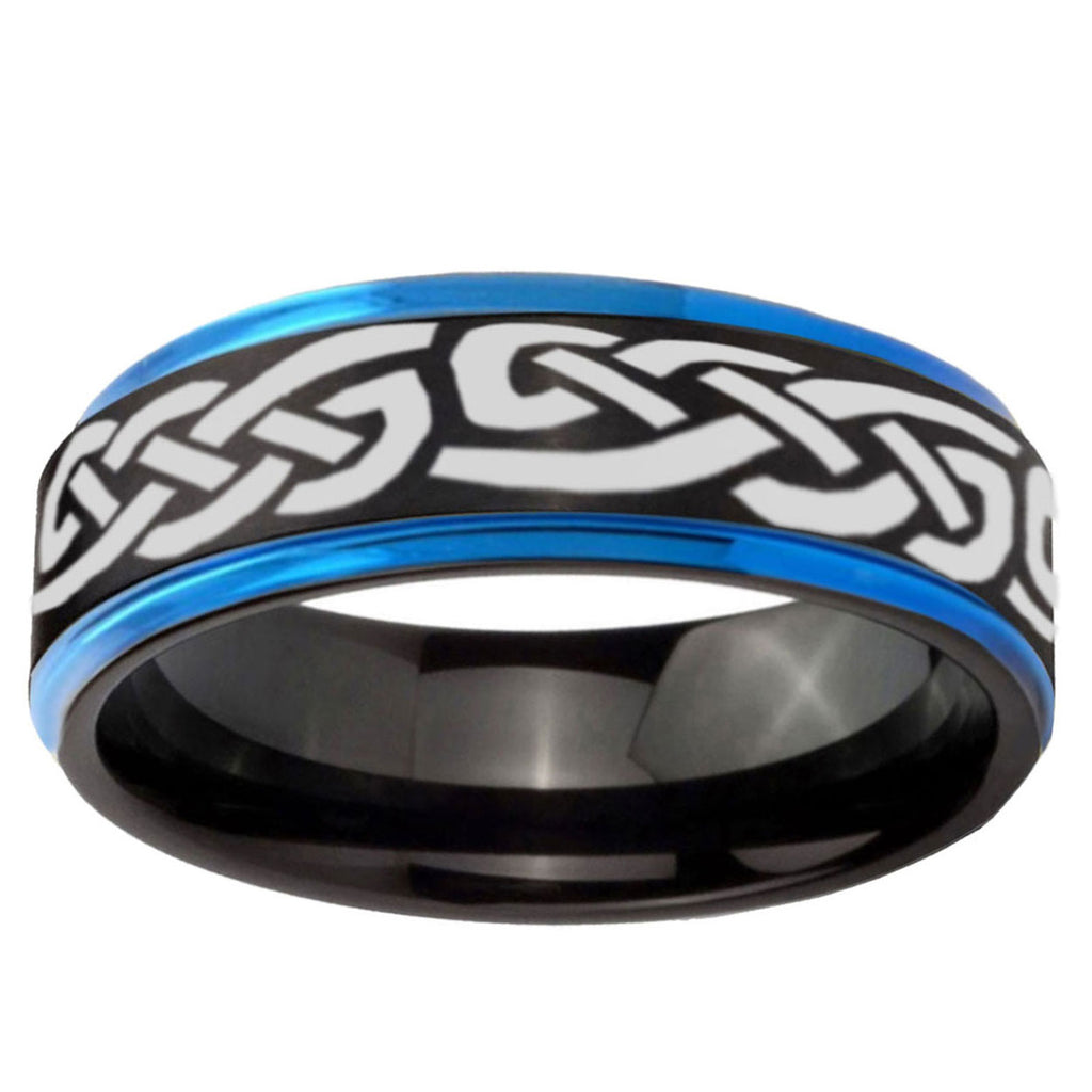 10mm Celtic Knot Infinity Love Blue Step Edge Brushed Tungsten Ring