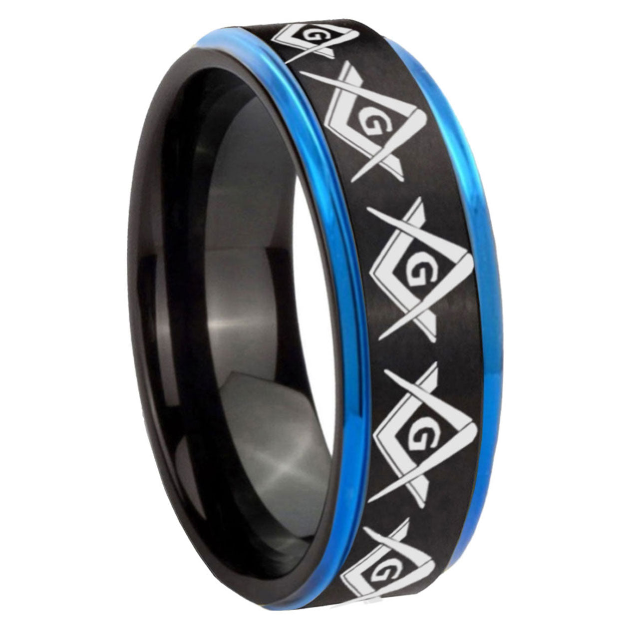 8mm Masonic Square Compass Blue Step Edge Black Tungsten Band
