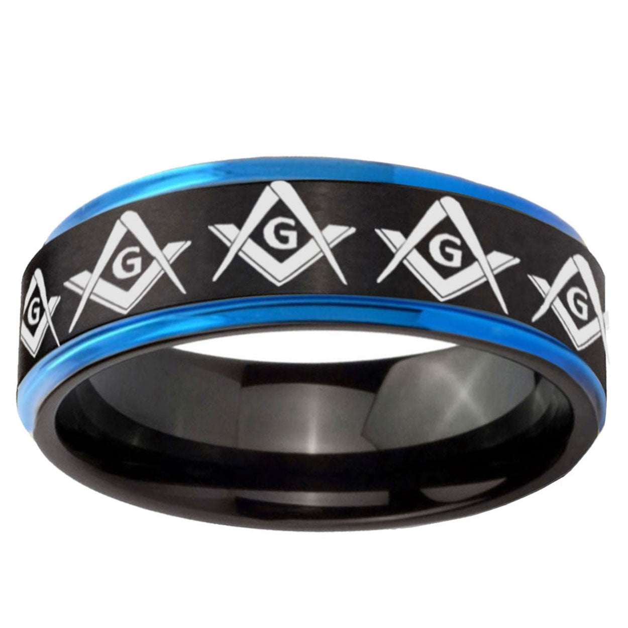 5mm Masonic Square Compass Blue Step Edge Black Tungsten Band