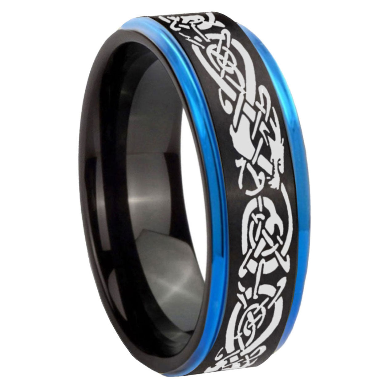 8mm Celtic Dragon Blue Step Edge Black Tungsten Mens Ring