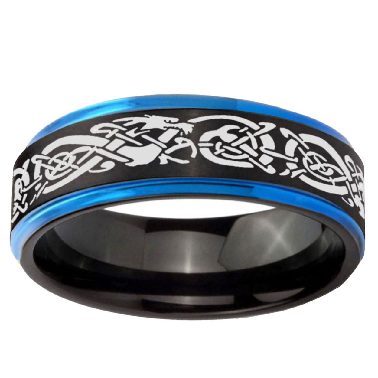 5mm Celtic Dragon Blue Step Edge Black Tungsten Mens Ring
