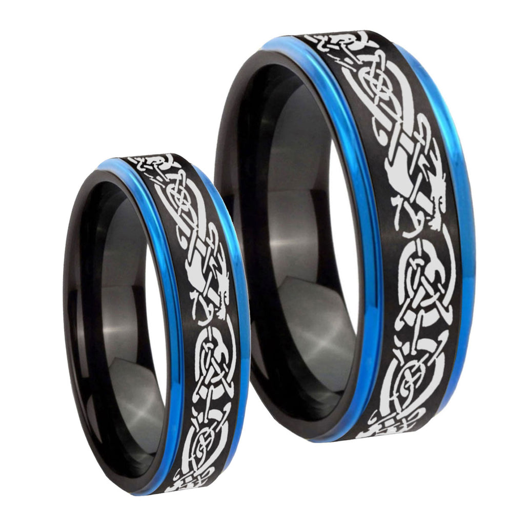 Celtic Dragon Blue Step Edges Tungsten Bridal Ring Set