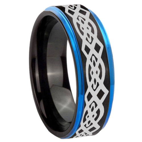 8mm Celtic Knot Blue Step Edge Black Tungsten Ring Mens