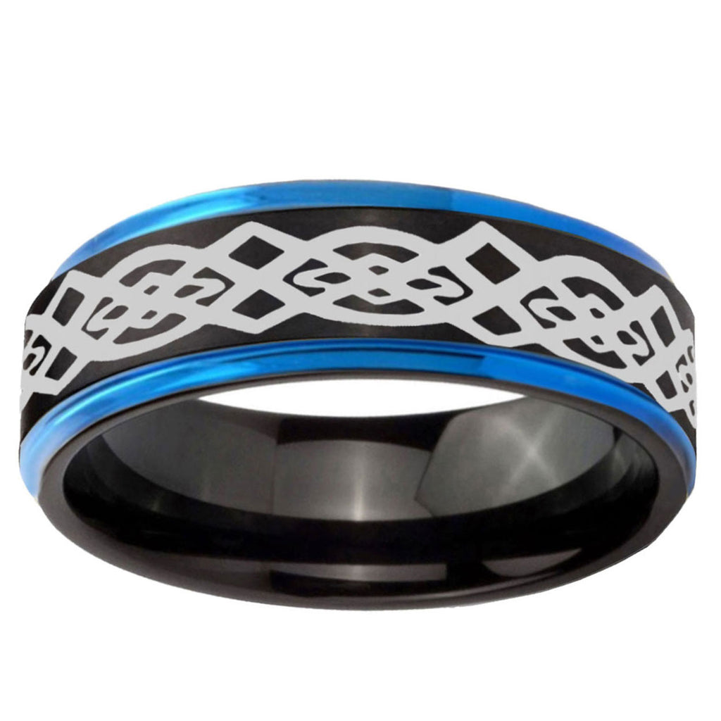 5mm Celtic Knot Blue Step Edge Black Tungsten Ring Mens