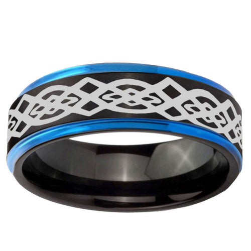 5mm Celtic Knot Blue Step Edge Black Tungsten Ring Mens