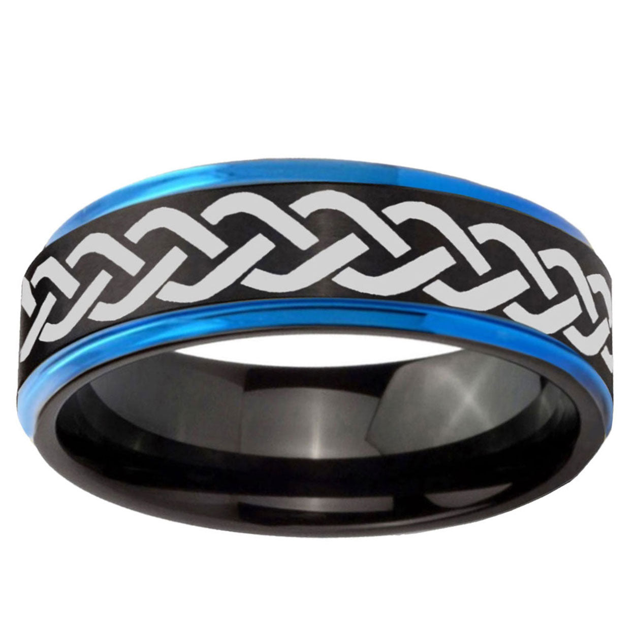 5mm Laser Celtic Knot Blue Step Edge Black Tungsten Band