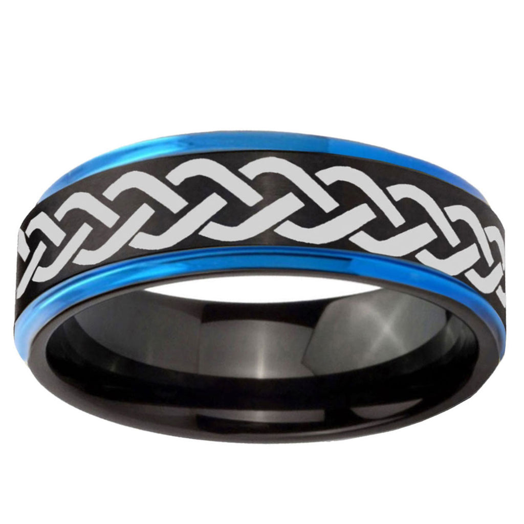 10mm Laser Celtic Knot Blue Step Edge Brushed Tungsten Ring