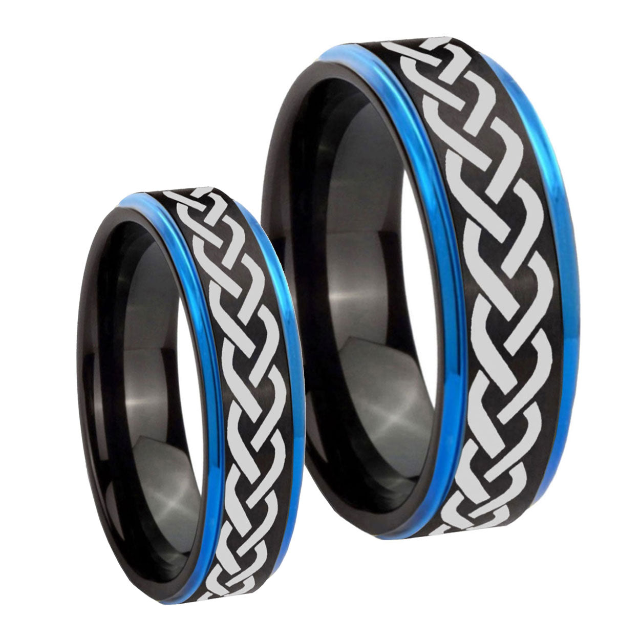 Laser Celtic Knot Blue Step Edges Tungsten Couple Wedding Rings