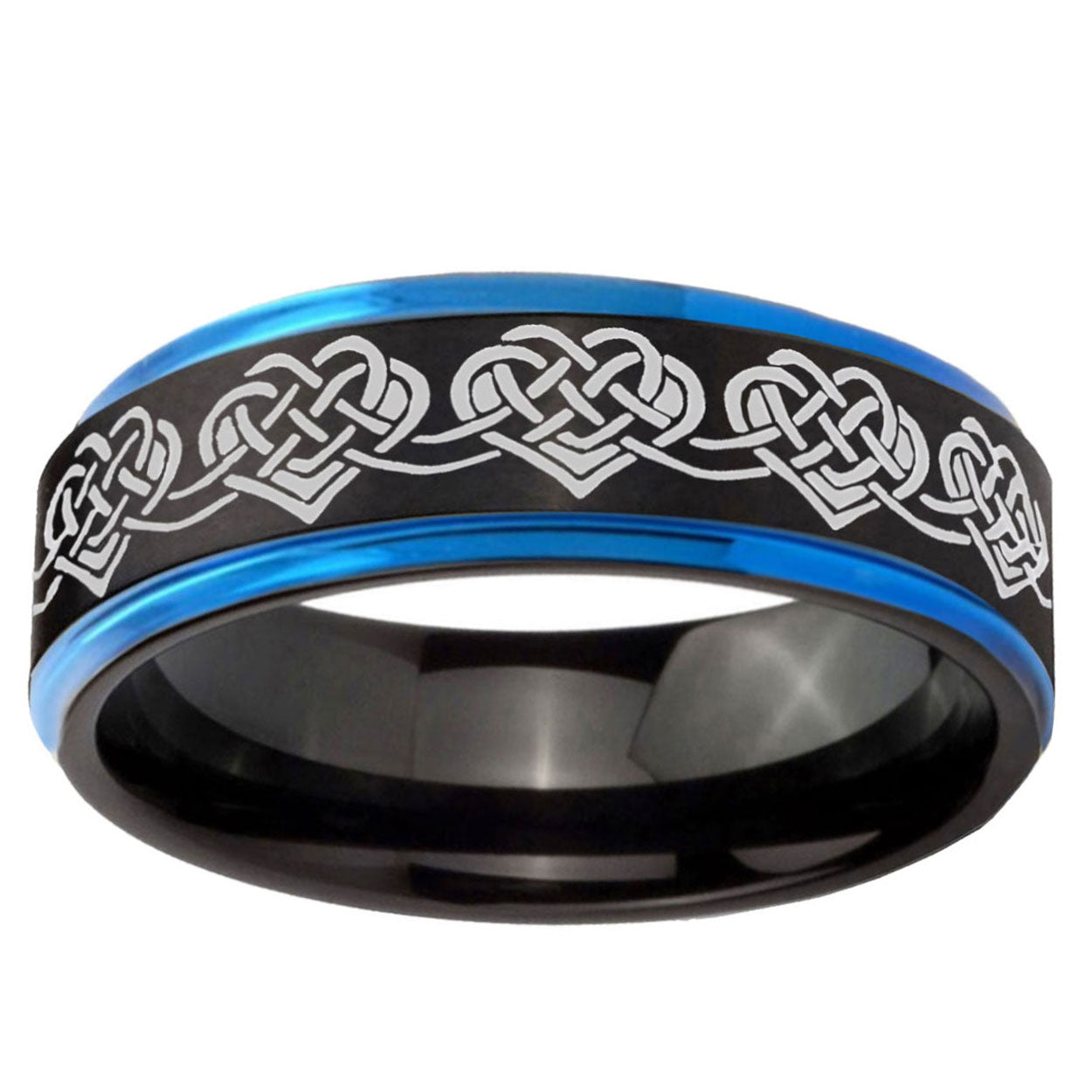 5mm Celtic Knot Heart Blue Step Edge Black Tungsten Ring
