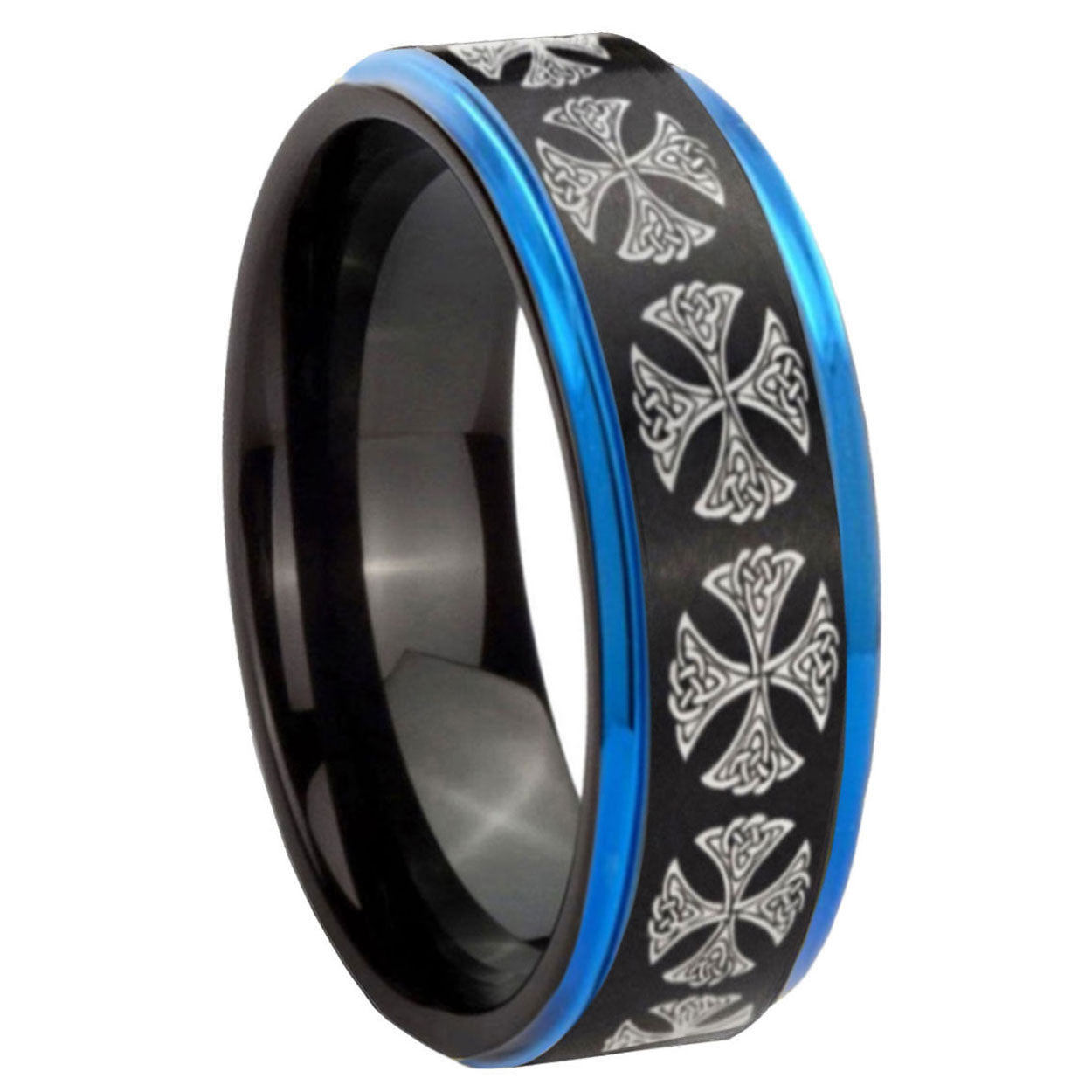 10mm Medieval Cross Blue Step Edges Brushed Tungsten Carbide Mens Promise Ring
