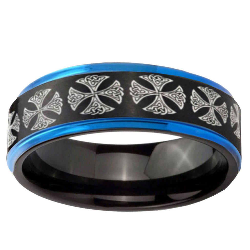 10mm Medieval Cross Blue Step Edge Brushed Tungsten Ring