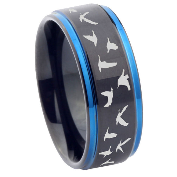 10mm Flying Geese Hunting Blue Step Edges Brushed Tungsten Carbide Mens Promise Ring