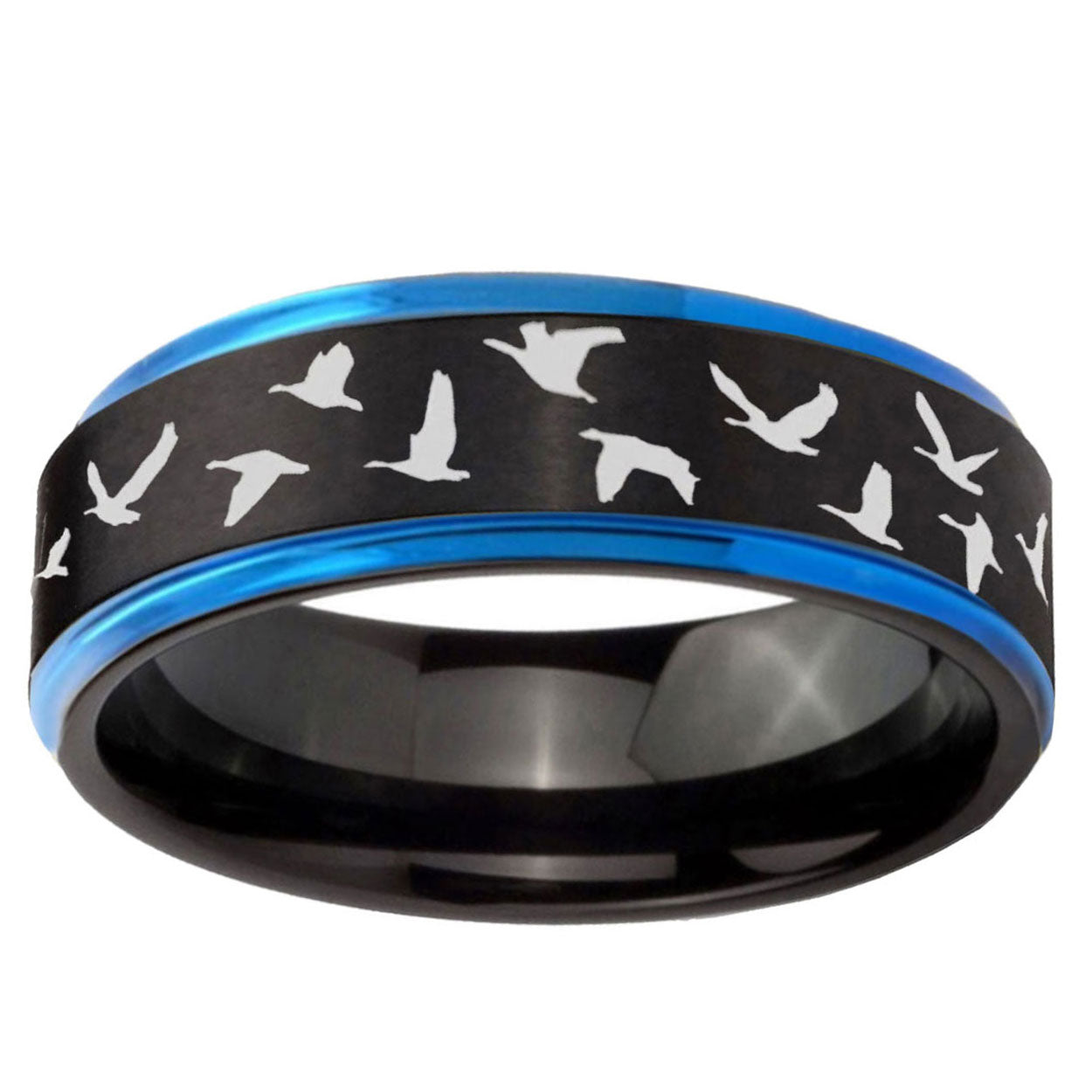 10mm Flying Geese Hunting Blue Step Edge Brushed Tungsten Ring