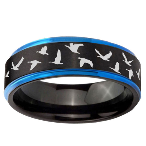 10mm Flying Geese Hunting Blue Step Edge Brushed Tungsten Ring