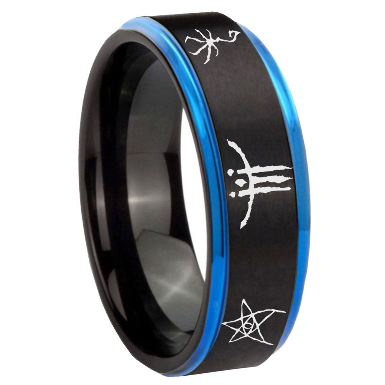 8mm Blackborne Caryll Runes Blue Step Edge Black Tungsten Ring