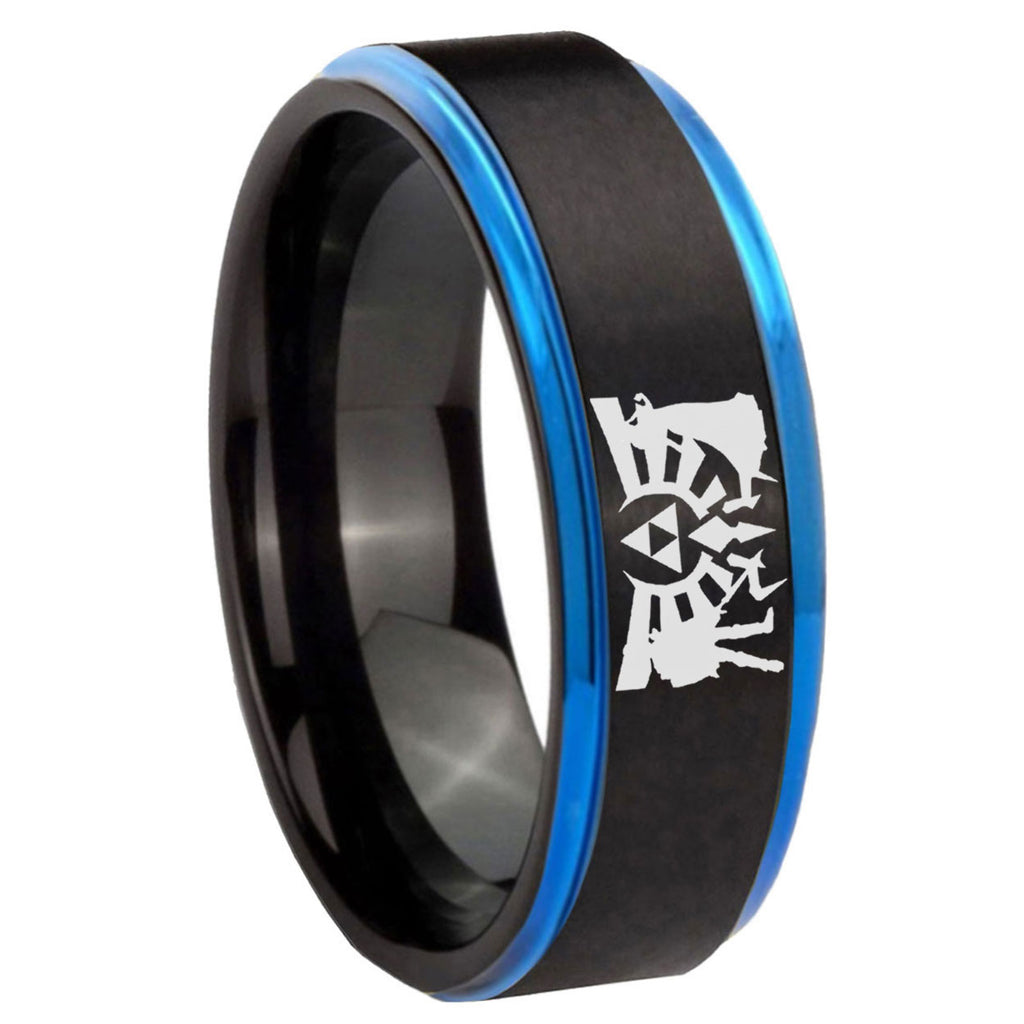 8mm Zelda Link Blue Step Edge Black Tungsten Ring
