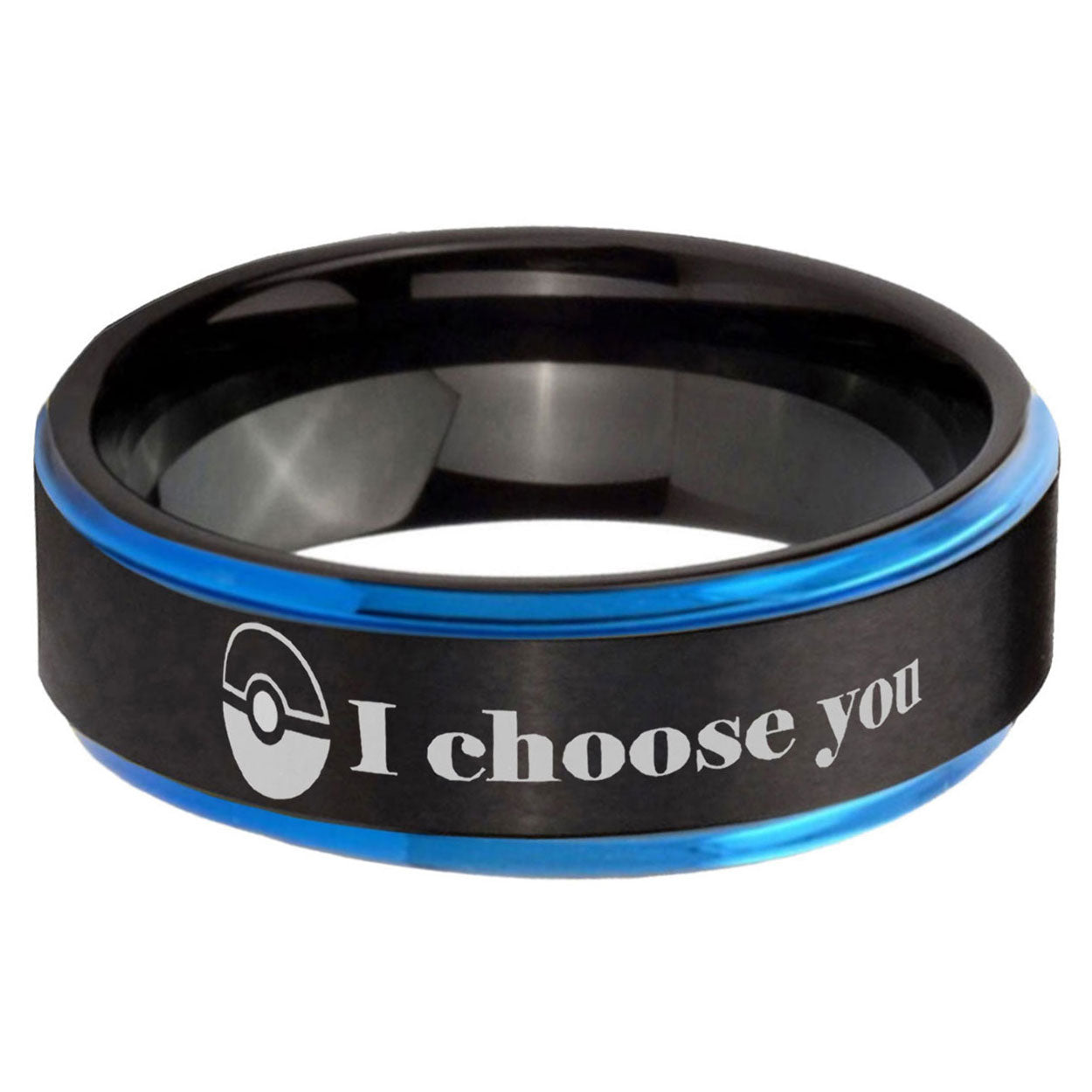 5mm Pokeball Pokemon Blue Step Edge Black Tungsten Ring