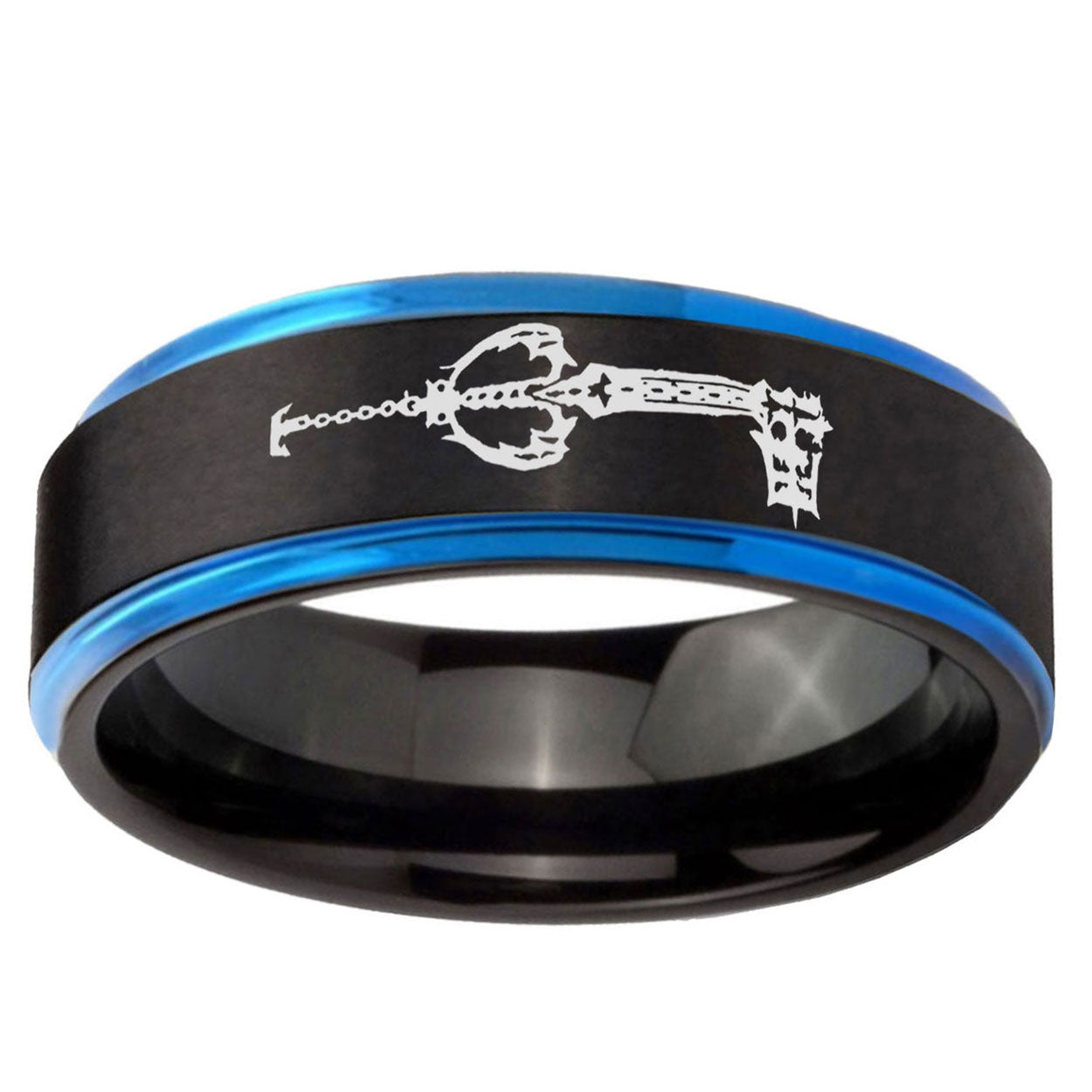 5mm kingdom heart keyblades Blue Step Edge Black Tungsten Ring