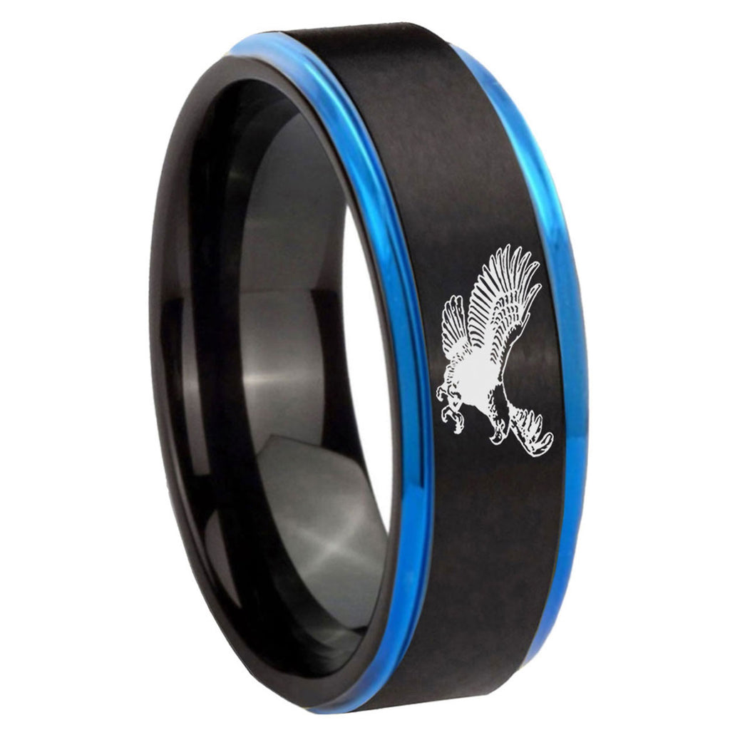 8mm Flying American Eagle Blue Step Edge Black Tungsten Ring