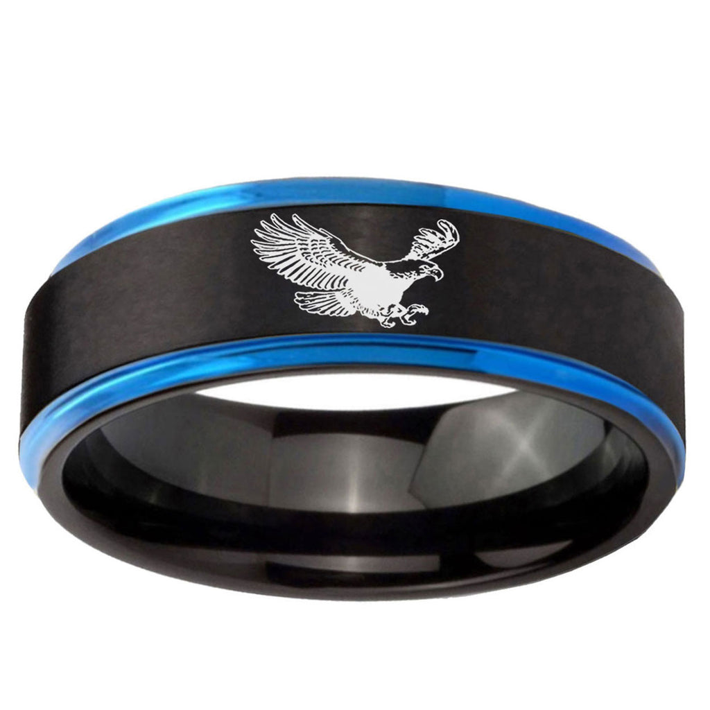5mm Flying American Eagle Blue Step Edge Black Tungsten Ring