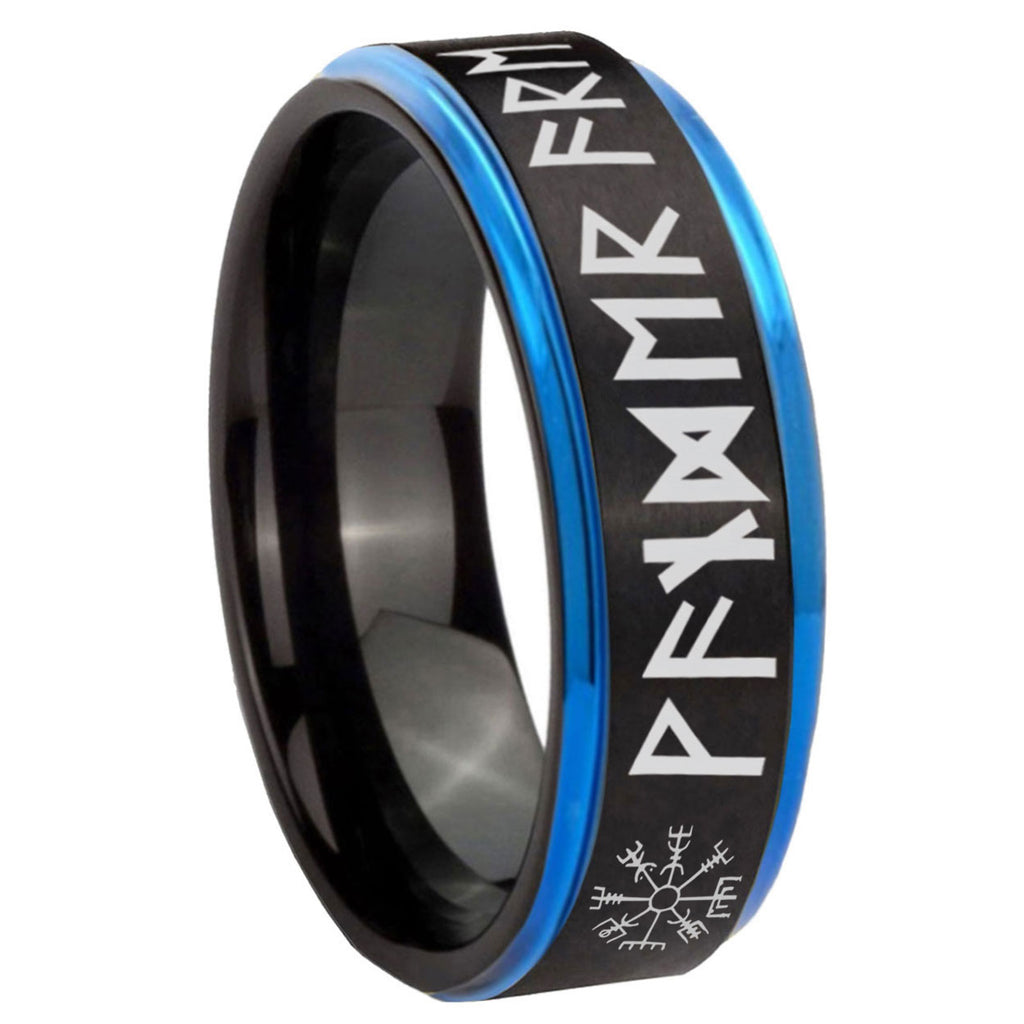 8mm Viking Blue Step Edge Black Tungsten Ring