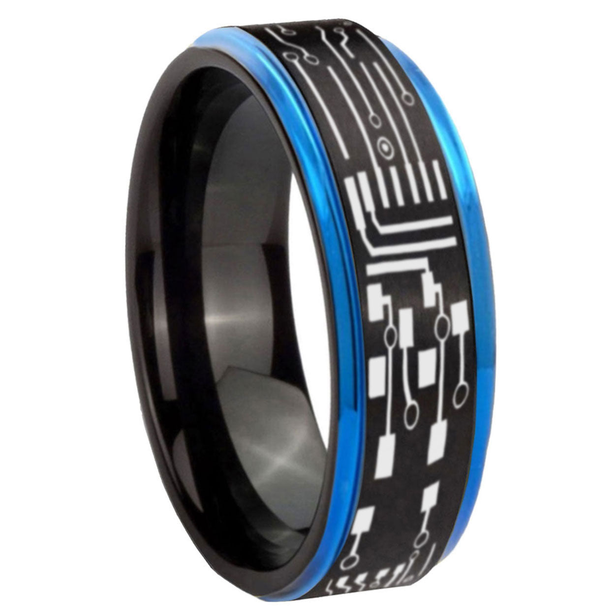 8mm Circuit Board Blue Step Edge Black Tungsten Ring