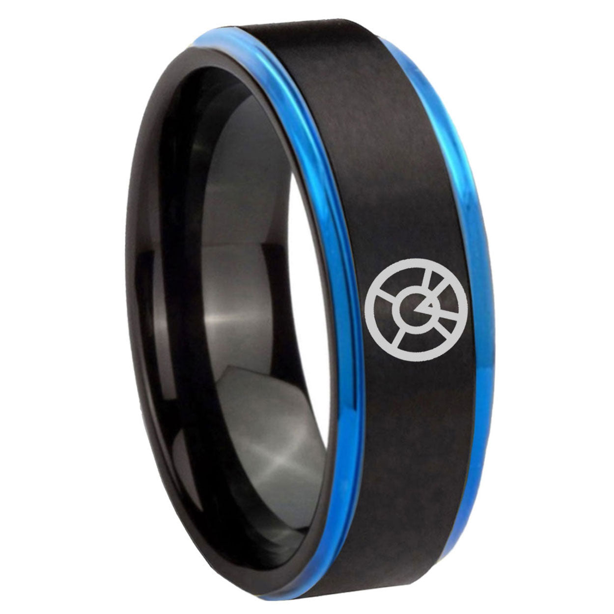 8mm Orange lantern Blue Step Edge Black Tungsten Ring