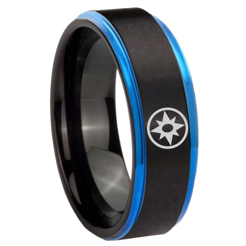 8mm Star Sapphire Lantern Blue Step Edge Black Tungsten Ring