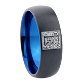 8mm-Dome-Black-and-Blue-Tungsten-Floral-Initial-Letter-E,-Monogram-Wedding-Band