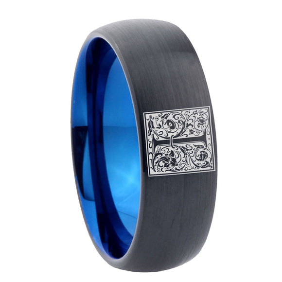 8mm-Dome-Black-and-Blue-Tungsten-Floral-Initial-Letter-I,-Monogram-Wedding-Band
