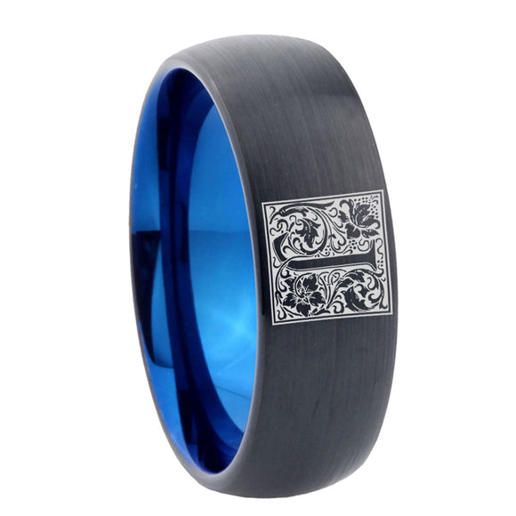 8mm-Dome-Black-and-Blue-Tungsten-Floral-Initial-Letter-J,-Monogram-Wedding-Band
