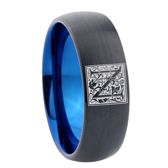 8mm-Dome-Black-and-Blue-Tungsten-Floral-Initial-Letter-N,-Monogram-Wedding-Band