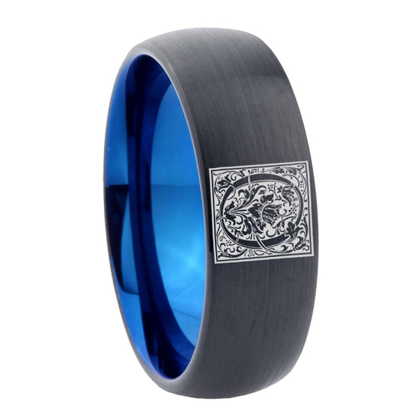 8mm-Dome-Black-and-Blue-Tungsten-Floral-Initial-Letter-O,-Monogram-Wedding-Band