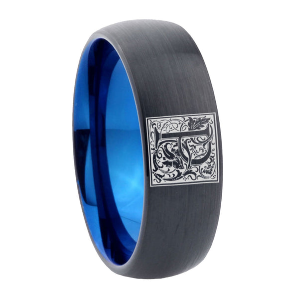 8mm-Dome-Black-and-Blue-Tungsten-Floral-Initial-Letter-P,-Monogram-Wedding-Band