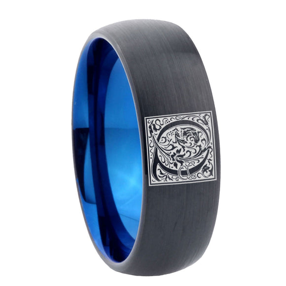8mm-Dome-Black-and-Blue-Tungsten-Floral-Initial-Letter-Q,-Monogram-Wedding-Band