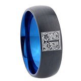 8mm-Dome-Black-and-Blue-Tungsten-Floral-Initial-Letter-T,-Monogram-Wedding-Band
