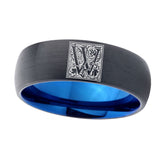 8mm-Dome-Black-and-Blue-Tungsten-Floral-Initial-Letter-W,-Monogram-Wedding-Band