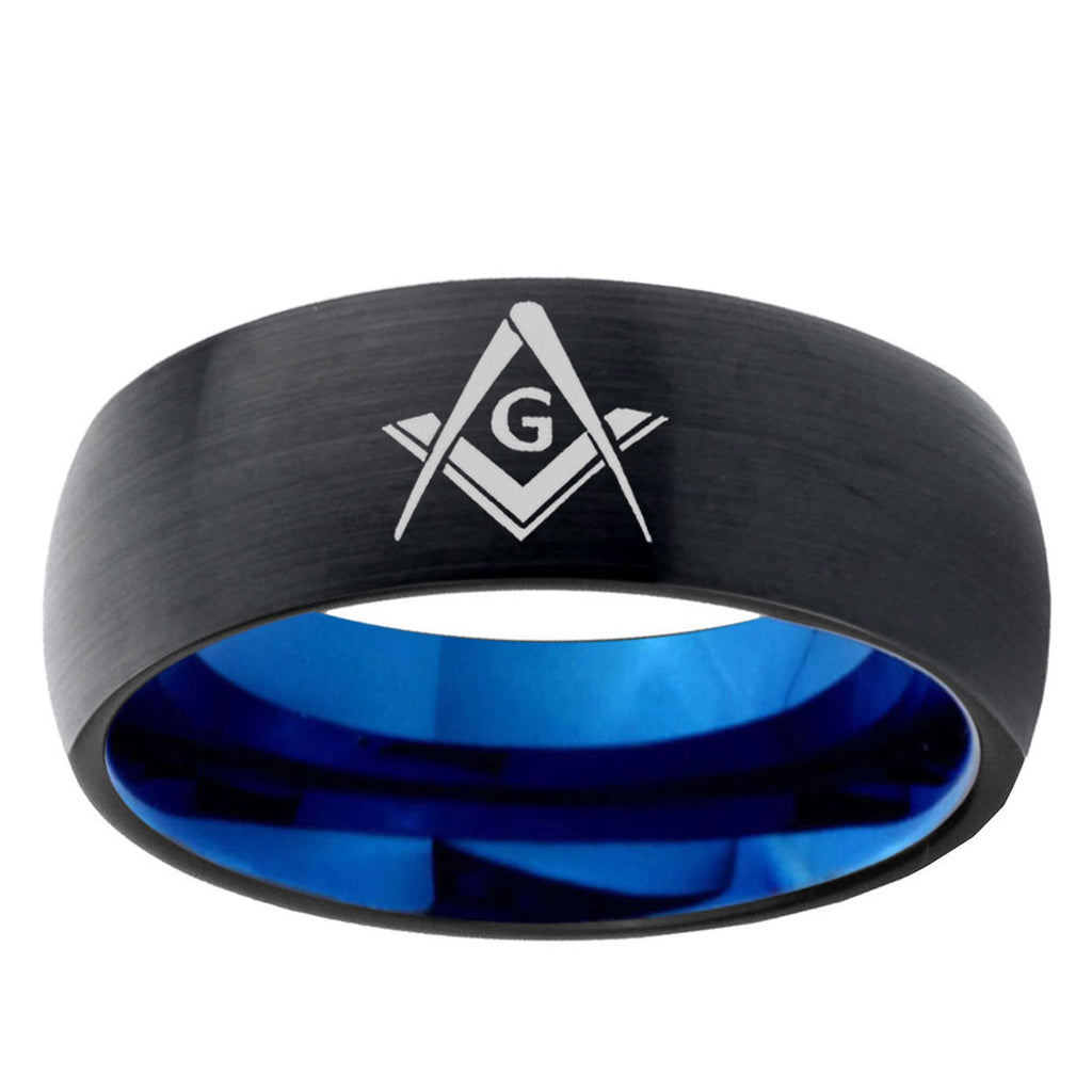 5mm Freemason Masonic Two-Tone Classic Dome Black Blue Tungsten Engraved Ring