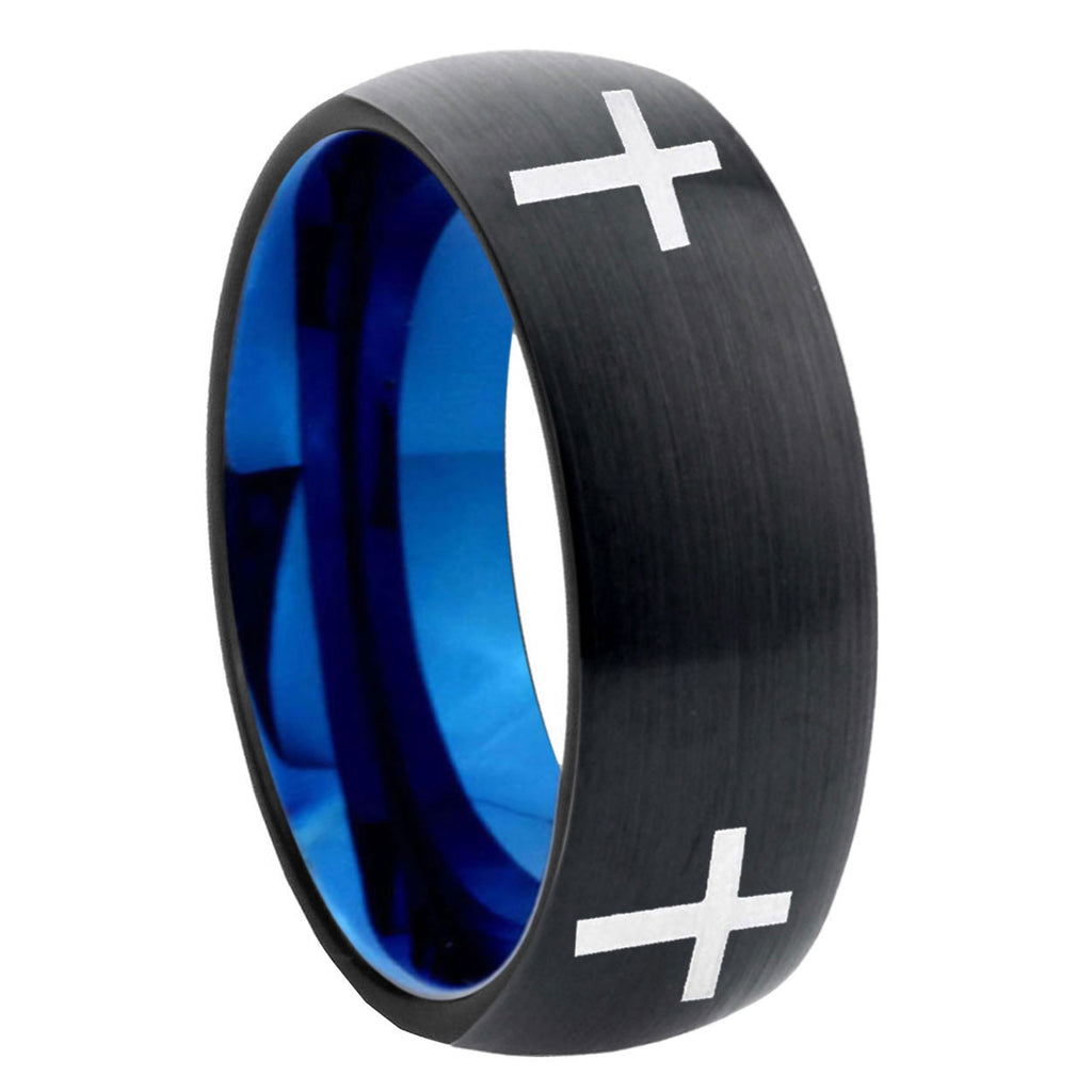 8mm Crosses Two-Tone Classic Dome Black Blue Tungsten Engraved Ring