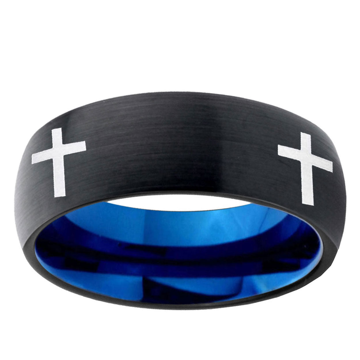 5mm Crosses Two-Tone Classic Dome Black Blue Tungsten Engraved Ring