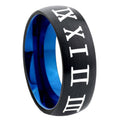 8mm Roman Numeral Two-Tone Classic Dome Black Blue Tungsten Engraved Ring