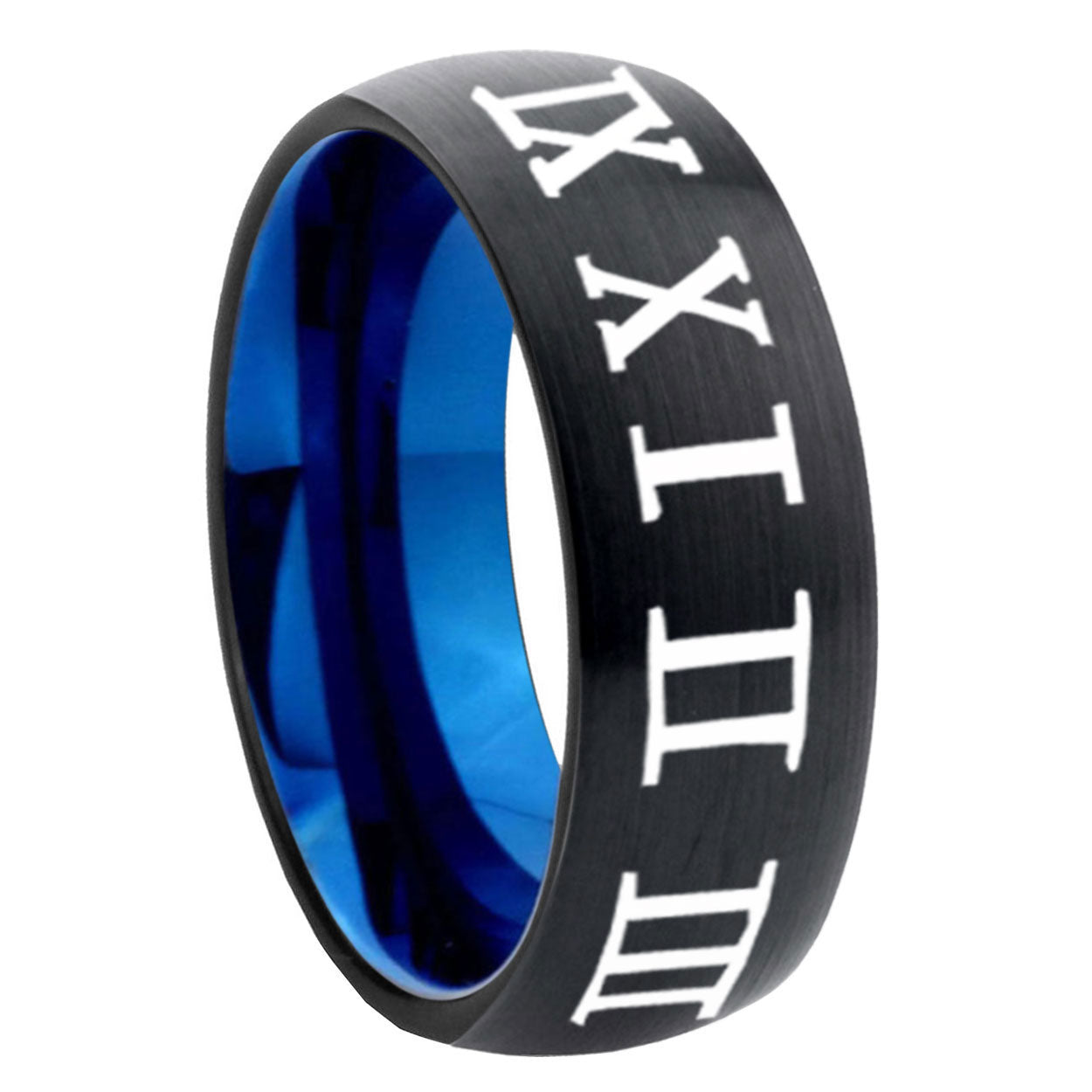 8mm Roman Numeral Two-Tone Classic Dome Black Blue Tungsten Engraved Ring