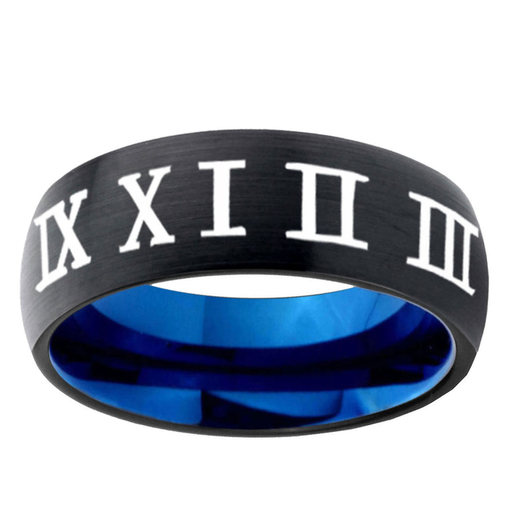 5mm Roman Numeral Two-Tone Classic Dome Black Blue Tungsten Engraved Ring